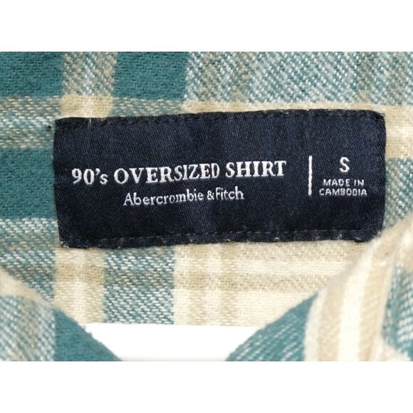 Abercrombie & Fitch Men’s 90’s Oversized Flannel Shirt Size S Plaid Green Tan - Picture 2 of 7